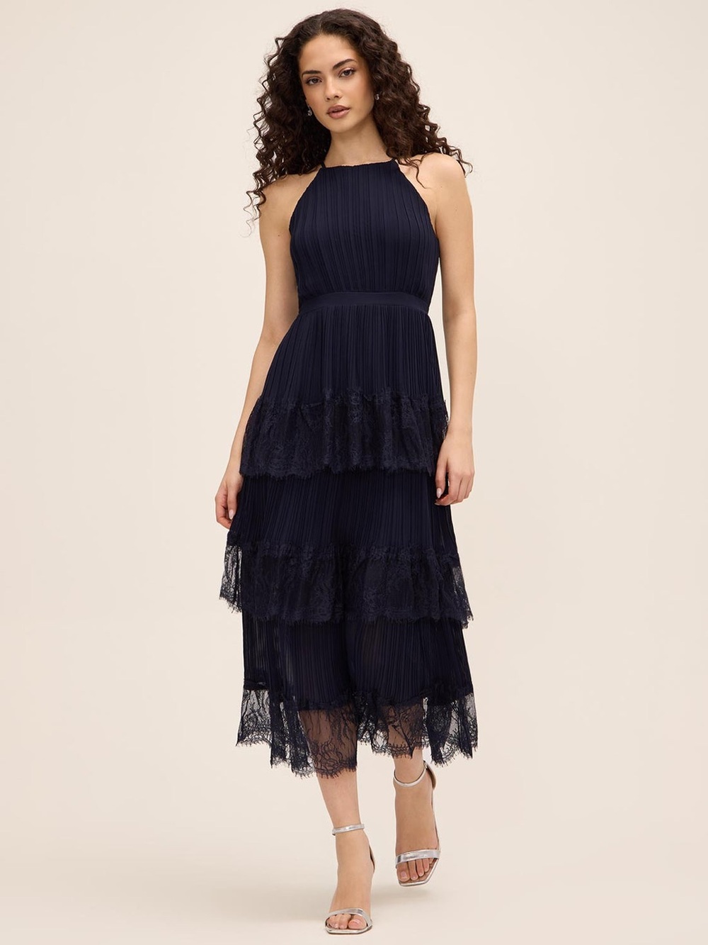 Suzy Shier Navy Pleated Lace Tiered Midi Dress with Halter Neck